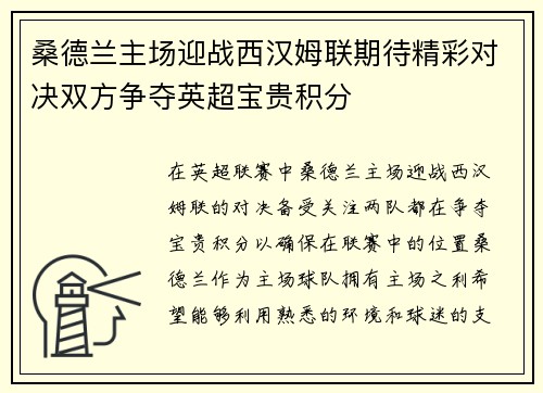 桑德兰主场迎战西汉姆联期待精彩对决双方争夺英超宝贵积分